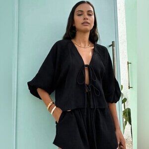 New Commense Gauze Front Tie Top Black Boho Lounge Feminine Oversized